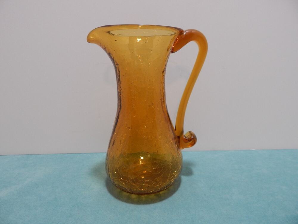 Vintage Amber Crackle Glass Pitcher with Applied Handle and Pontil